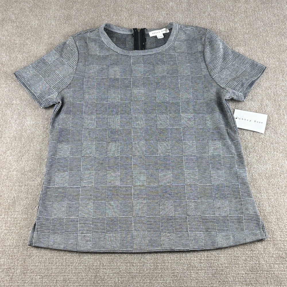 Abbey Rose Women's Knit Black/Gray Checkered Short Sleeve Office Top Size M NWT